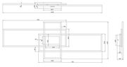 Technische Zeichnung einer modernen Deckenleuchte mit rechteckigen Elementen, Seiten- und Draufsicht.