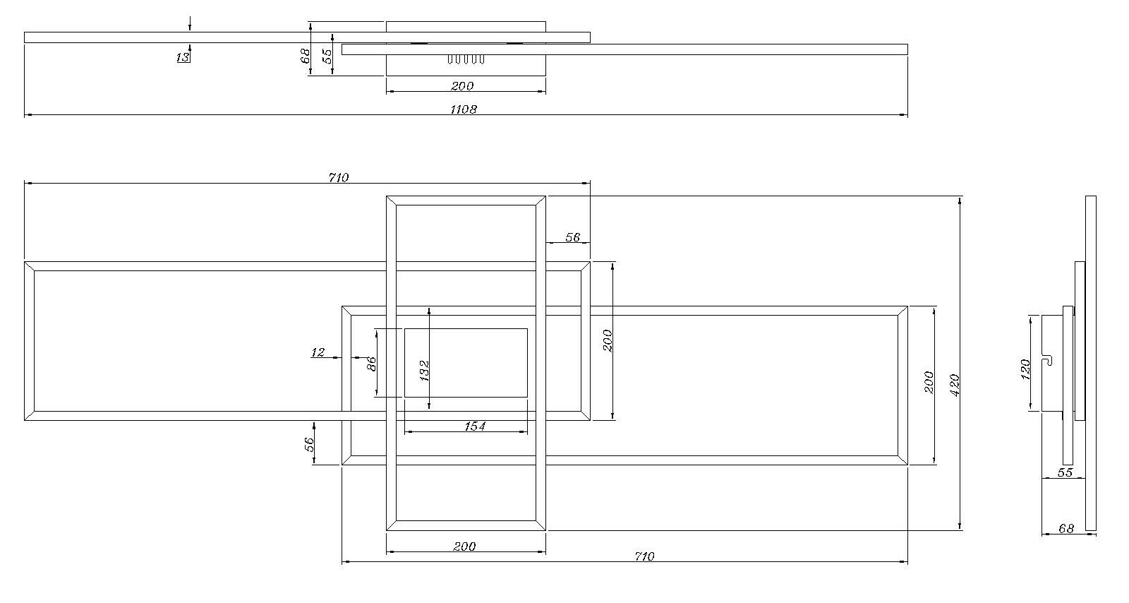 Technische Zeichnung einer modernen Deckenleuchte mit rechteckigen Elementen, Seiten- und Draufsicht.