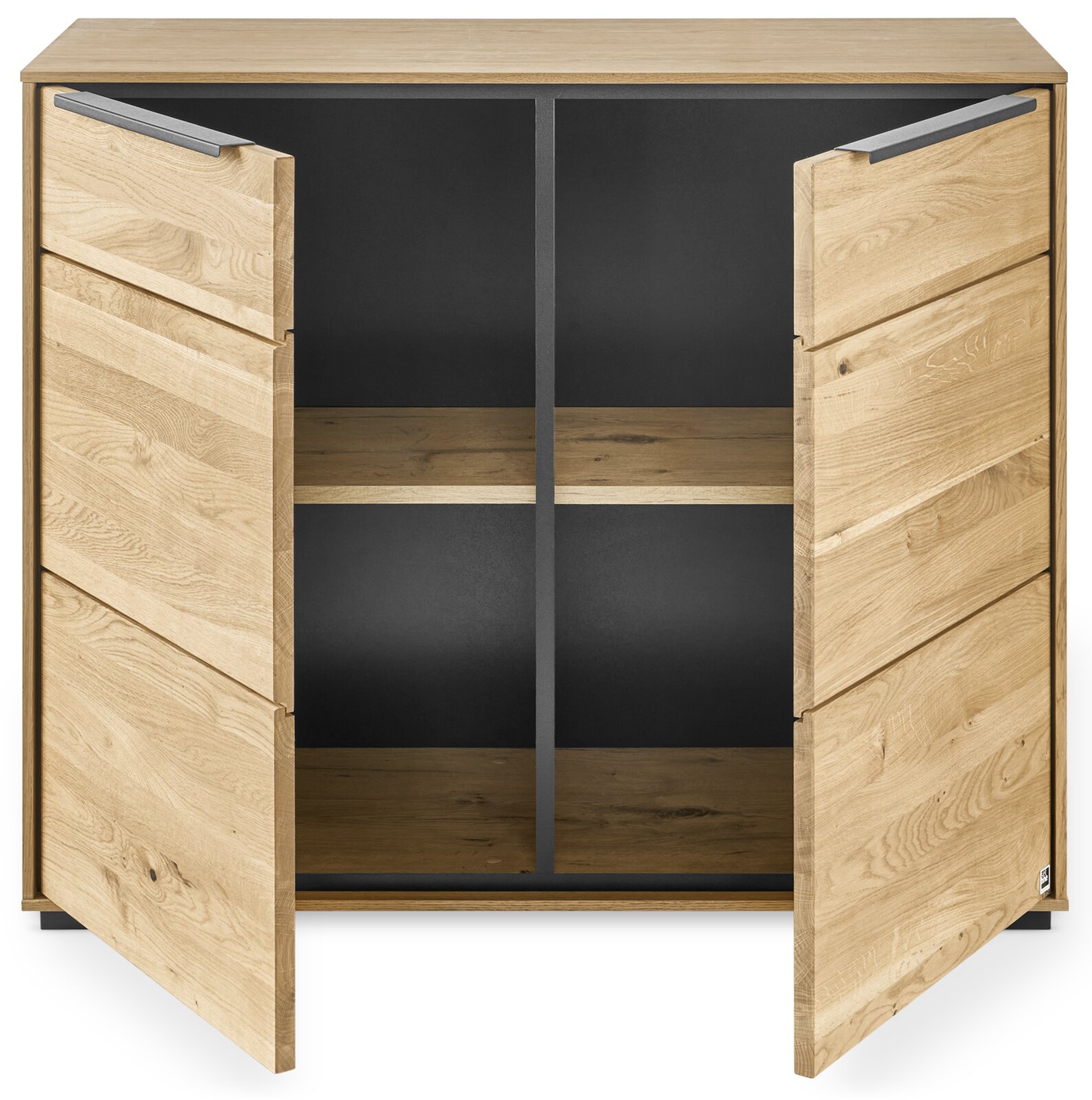 Set one by Musterring Sideboard SET ONE JACKSON Holz-Sideboard mit zwei geöffneten Türen, schwarzen Innenfächern und Metallgriffen, frontal aus der Vorderansicht fotografiert