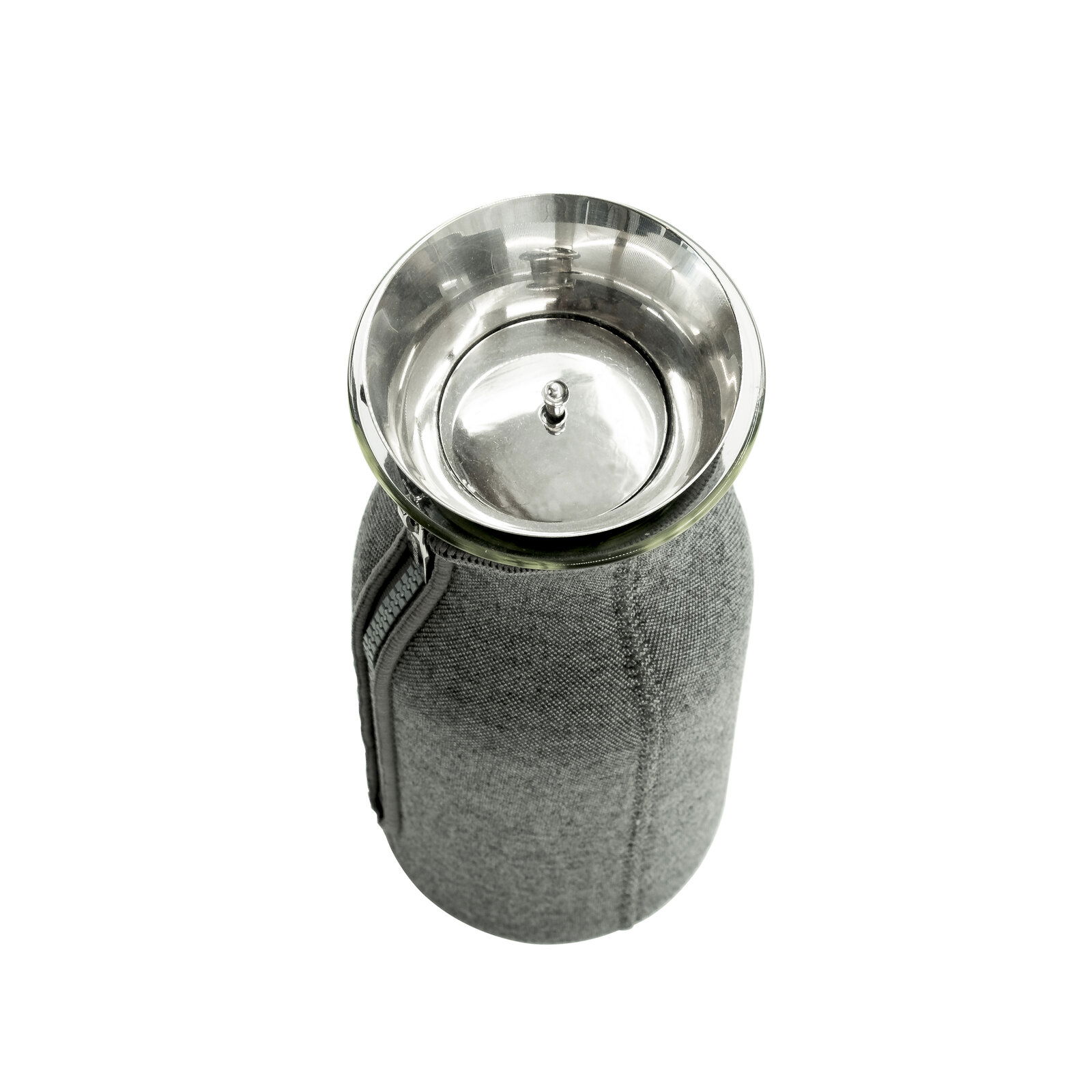 Kühlschrankkaraffe 1,0 l Dark aus der Vogelperspektive mit grauem Stoffüberzug und Edelstahlverschluss
