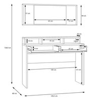 Technische Zeichnung eines Schminktisches mit Spiegel, Vorderansicht. Der Tisch hat mehrere Fächer und Schubladen mit detaillierten Maßangaben.