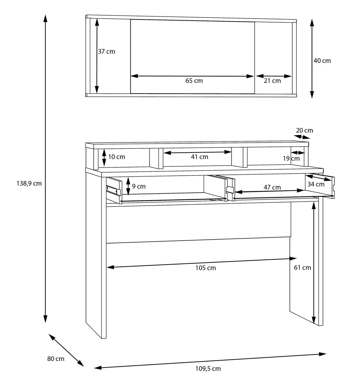 Technische Zeichnung eines Schminktisches mit Spiegel, Vorderansicht. Der Tisch hat mehrere Fächer und Schubladen mit detaillierten Maßangaben.