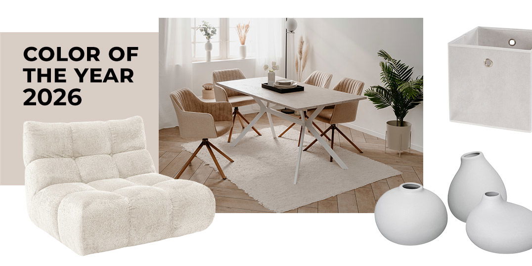 Heller Essbereich in Beige und Off-White mit Möbeln und Deko zur Color of the Year 2026