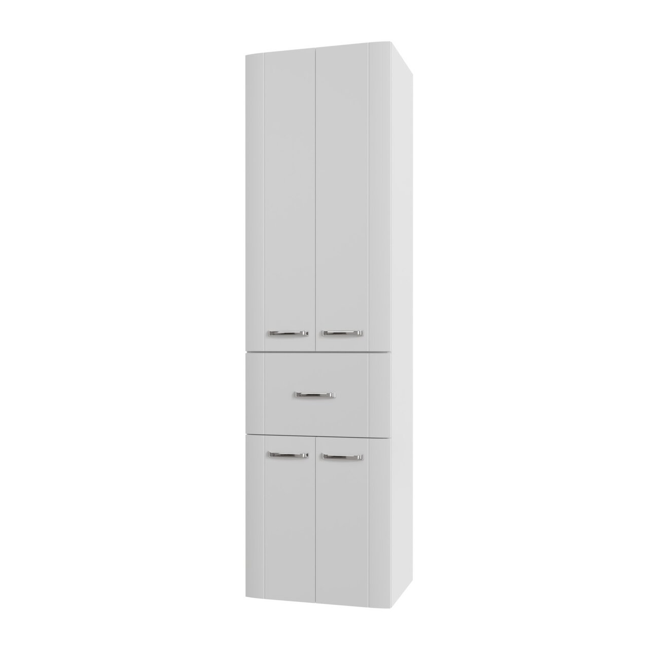 Hochschrank 50 cm in weißer Farbe, frontal betrachtet mit mehreren Türen und Griffen.