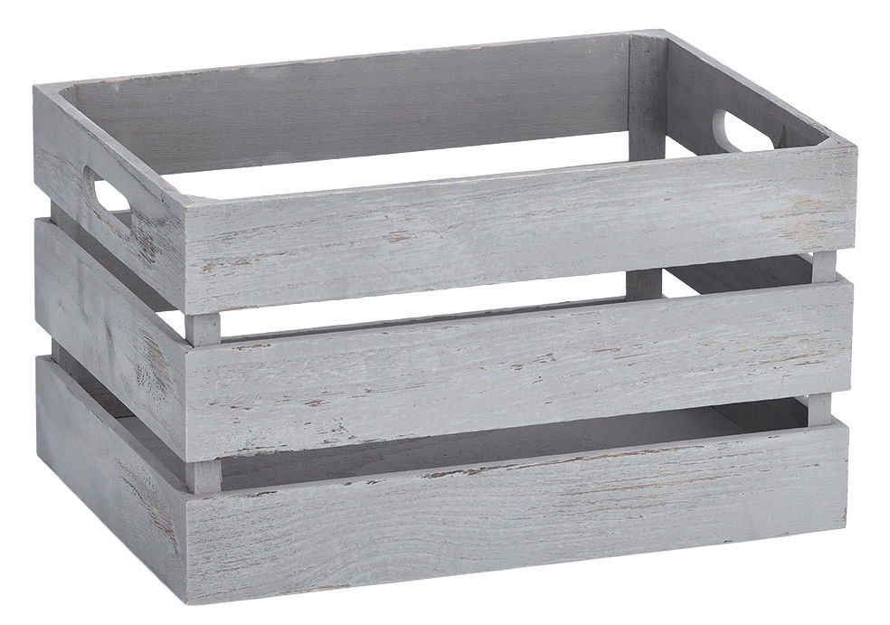 Graue Holz-Aufbewahrungskiste mit seitlichen Griffen, perspektivisch von schräg oben fotografiert.