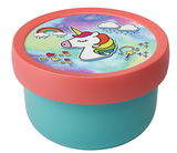 Runde Lunchbox mit Einhornmotiv auf dem Deckel, bunte Herzen und Regenbogen, aus der Vogelperspektive.