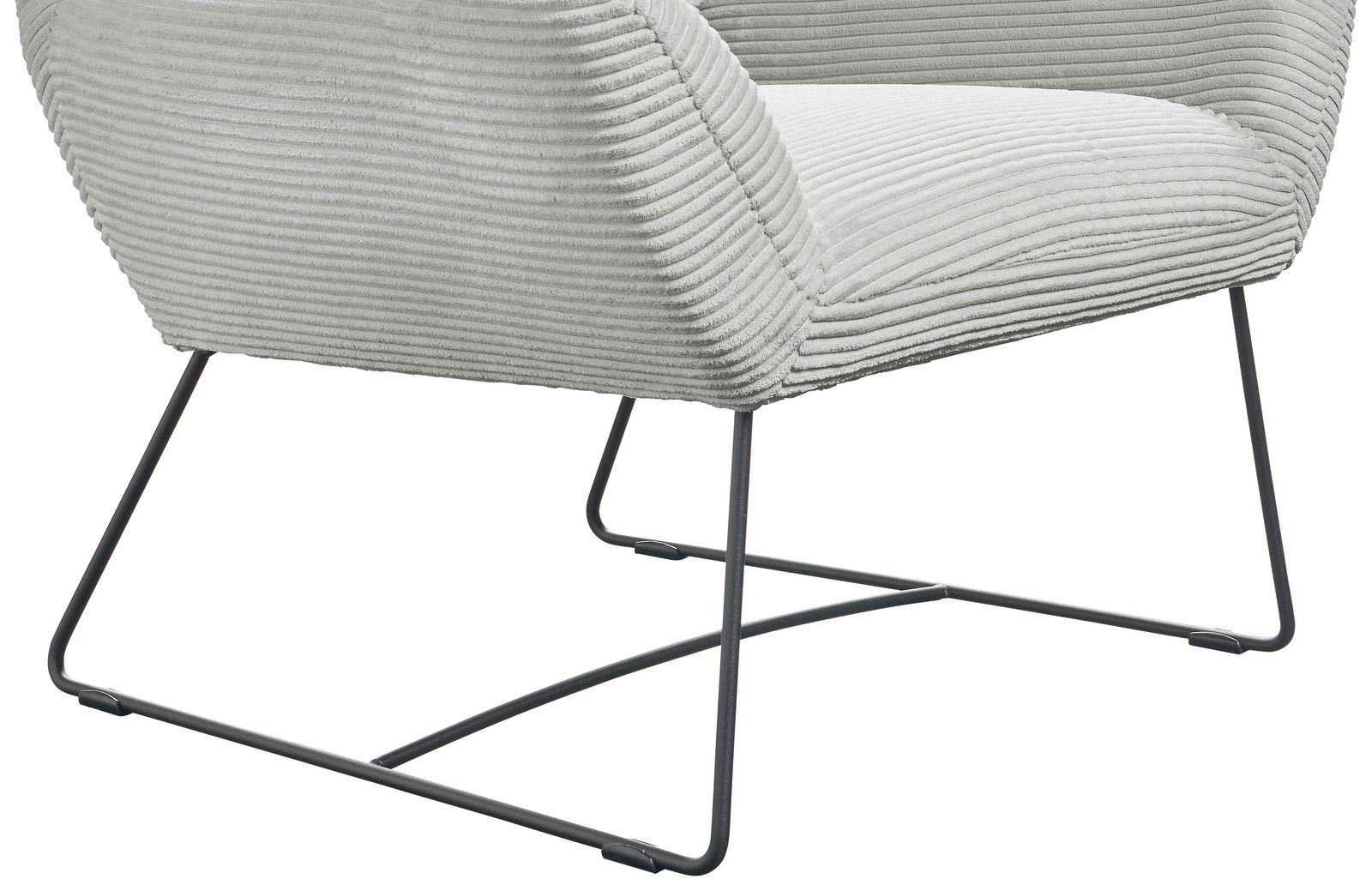 Moderner Sessel mit grauem, geripptem Stoffbezug und schlankem Metallgestell, seitliche Perspektive