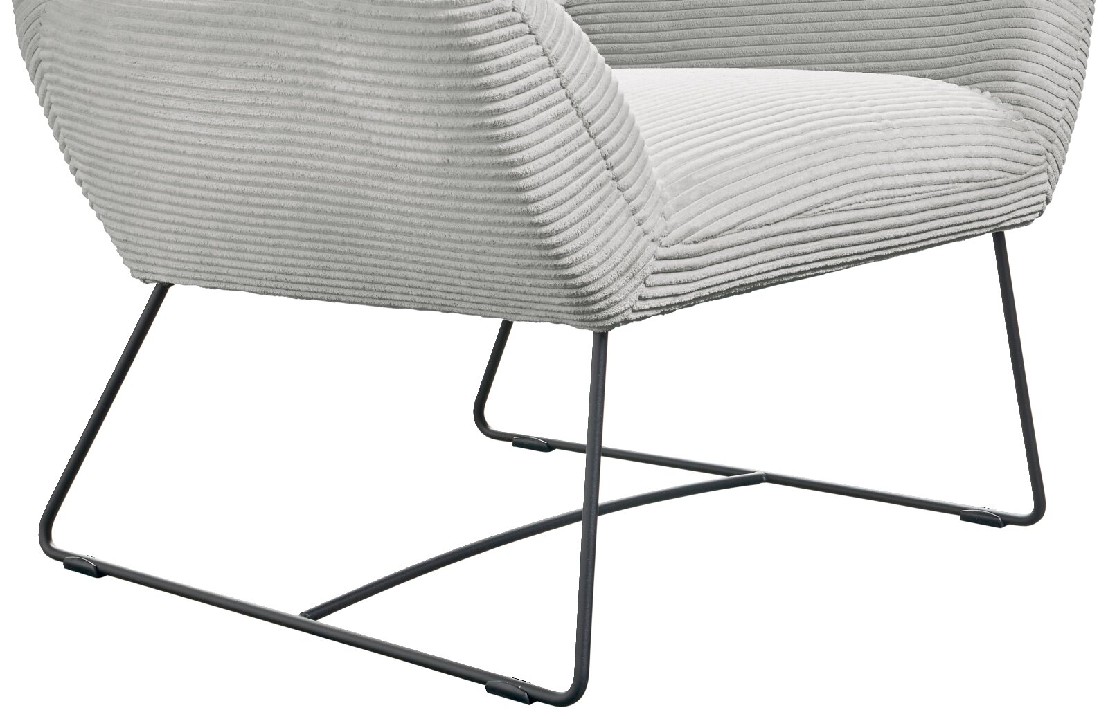 Moderner Sessel mit grauem, geripptem Stoffbezug und schlankem Metallgestell, seitliche Perspektive