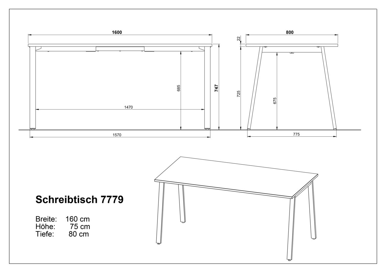 Technische Zeichnung des Schreibtischs 7779 mit Maßen 160 x 80 x 75 cm, dargestellt in Vorder- und Seitenansicht sowie in perspektivischer Schrägansicht von vorne.