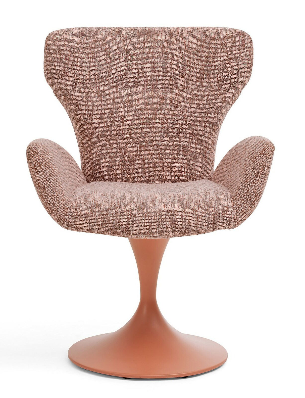 Moderner Armlehnstuhl mit geschwungenem Design und drehbarem Fuß, Vorderansicht