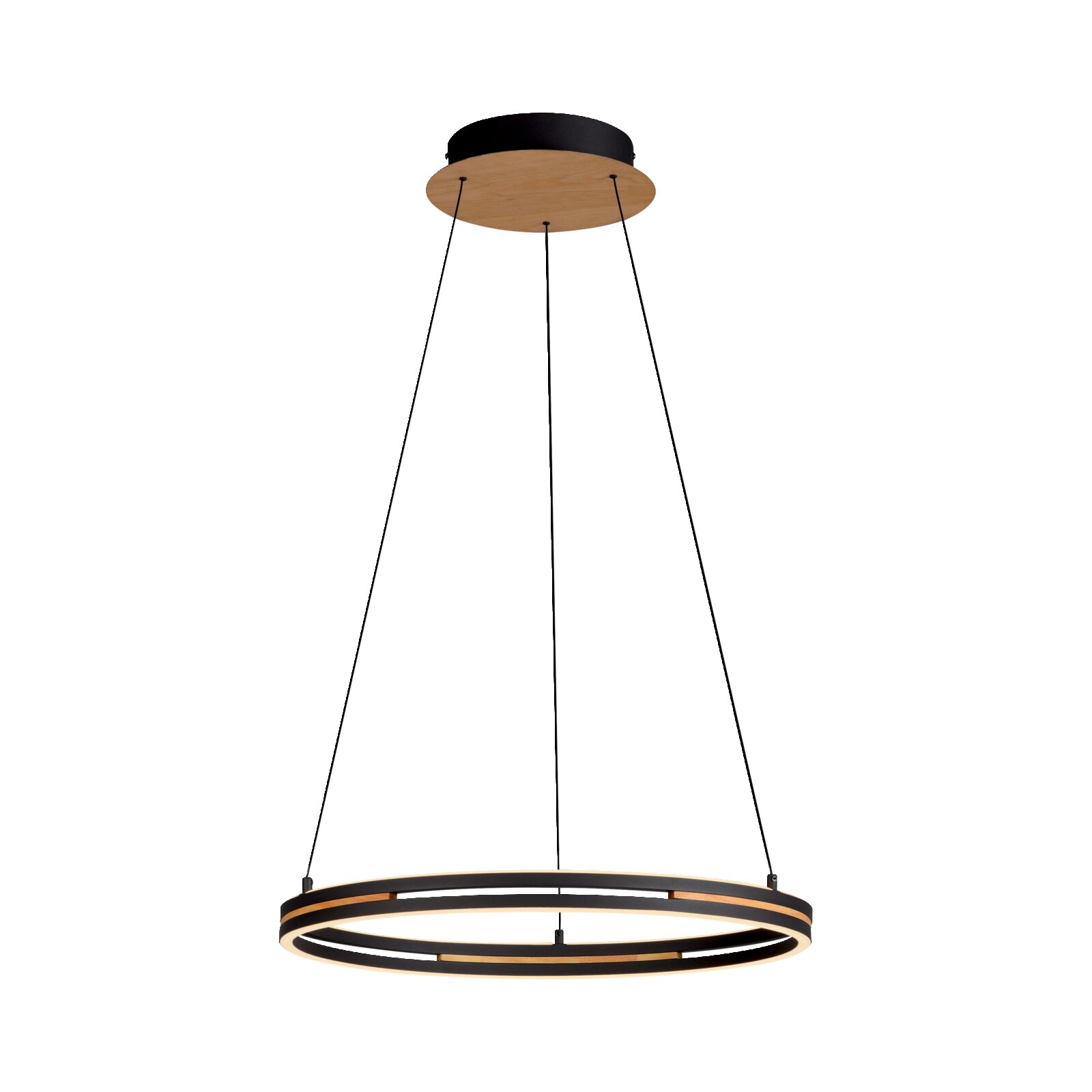Moderne runde LED-Pendelleuchte in Ringform mit schwarzem Metallrahmen und Holzdetails, an drei schwarzen Seilen aufgehängt; Produktansicht von vorne, leicht von unten auf weißem Hintergrund
