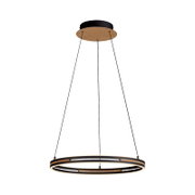 Moderne runde LED-Pendelleuchte in Ringform mit schwarzem Metallrahmen und Holzdetails, an drei schwarzen Seilen aufgehängt; Produktansicht von vorne, leicht von unten auf weißem Hintergrund