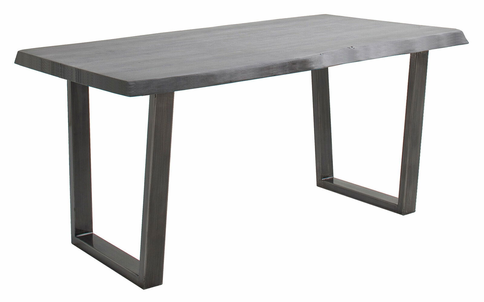 Moderner Esstisch mit dunkler Holzplatte und Metallbeinen, seitliche Perspektive