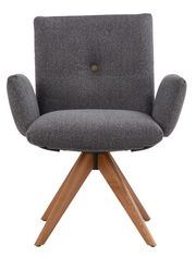 Grauer Armlehnstuhl mit Holzbeinen, Frontalansicht