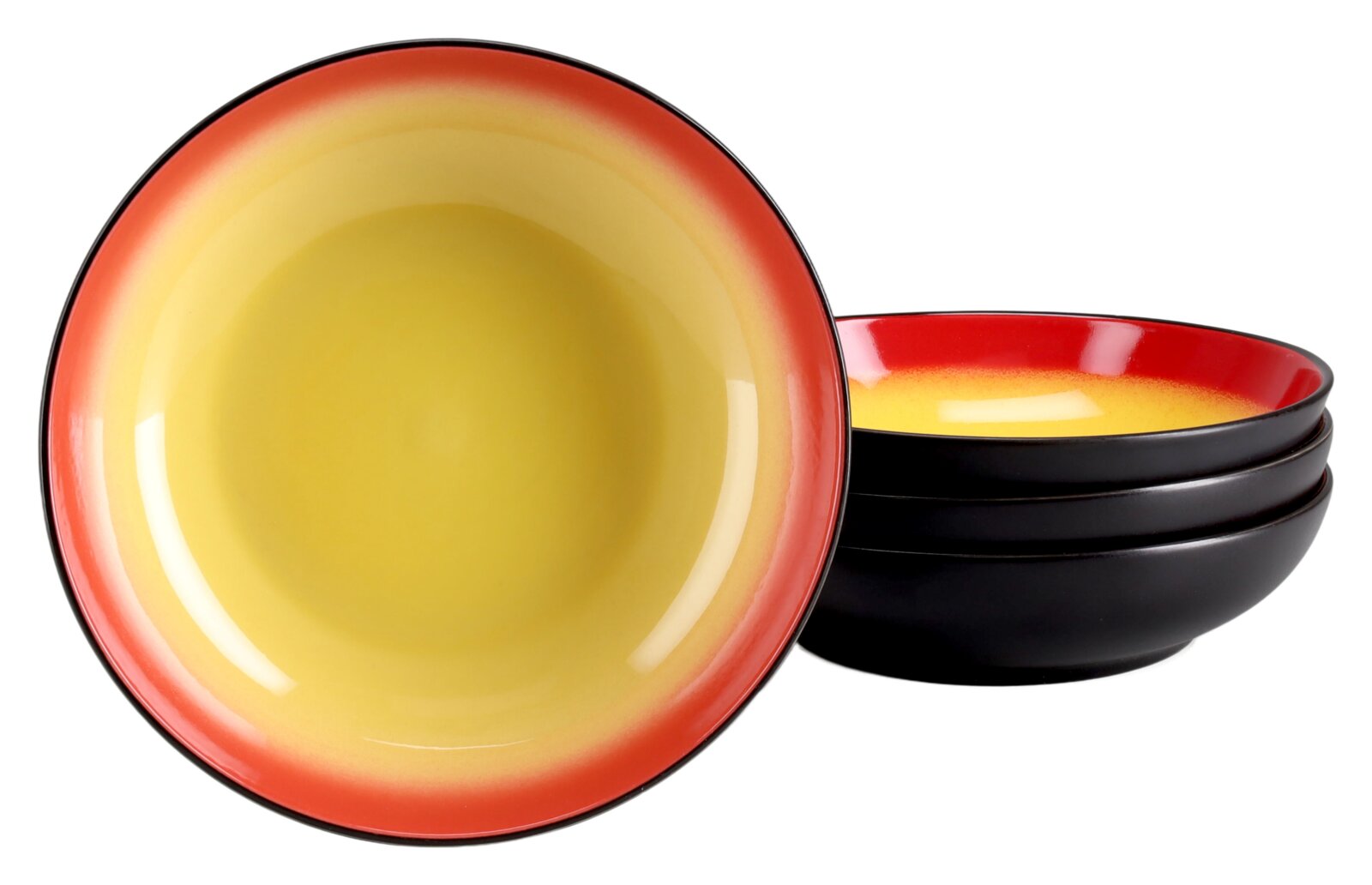 creaTable Poke Bowl 4-tlg. HOT RED Stapel runder Schalen mit schwarzer Außenseite und glänzendem Farbverlauf von Gelb zu Rot, schräg von vorn und oben präsentiert