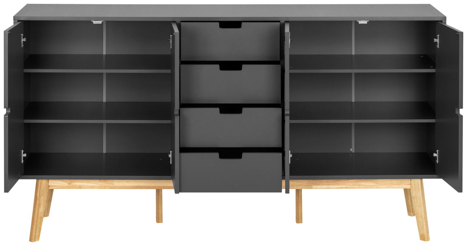 Modernes Sideboard mit offenen Türen und Schubladen, frontal betrachtet, in dunklem Design mit Holzbeinen.