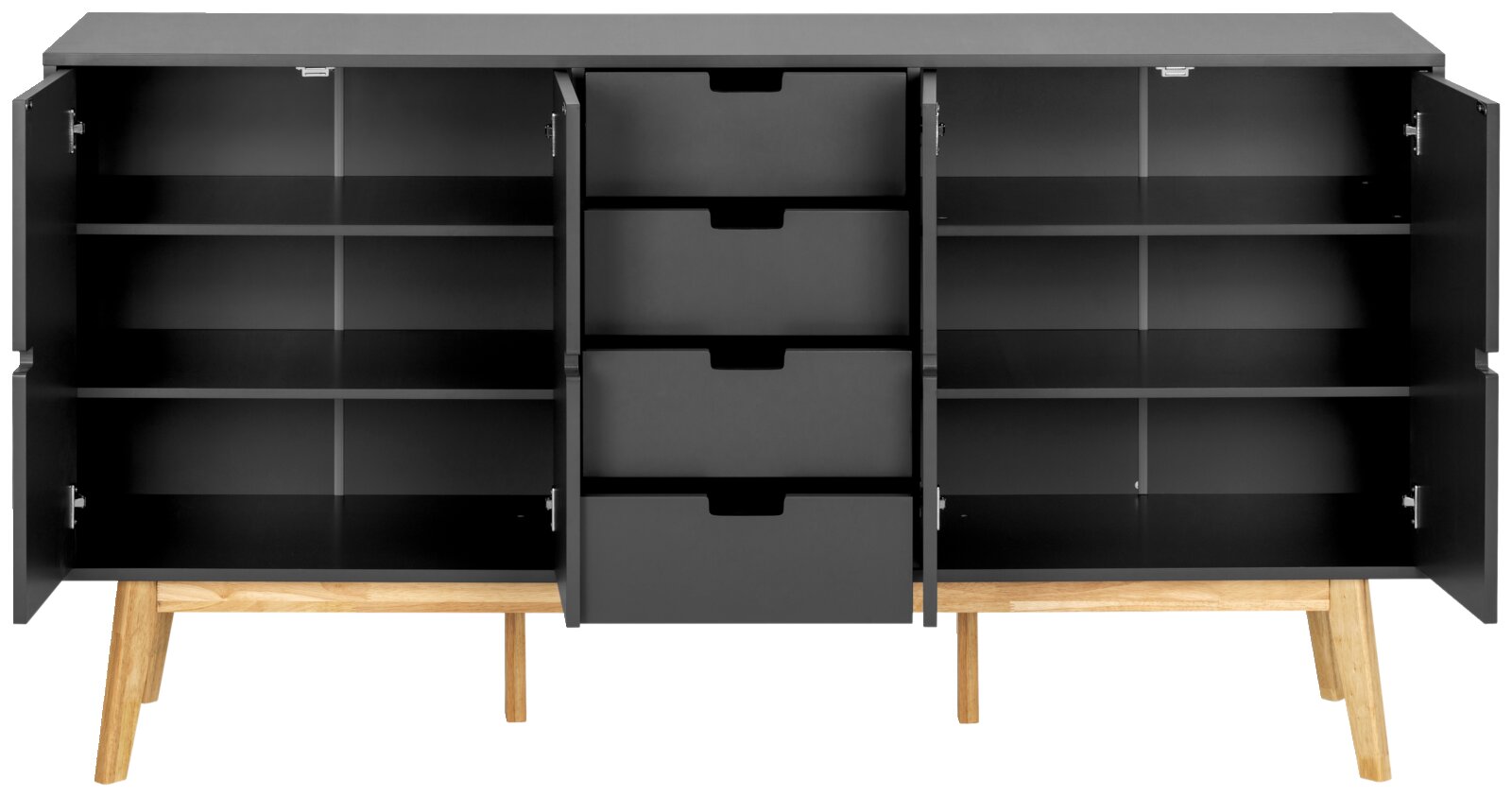 Modernes Sideboard mit offenen Türen und Schubladen, frontal betrachtet, in dunklem Design mit Holzbeinen.