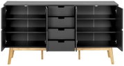 Modernes Sideboard mit offenen Türen und Schubladen, frontal betrachtet, in dunklem Design mit Holzbeinen.