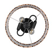 Deckenleuchte mit zwei Glühbirnen und einem runden Rahmen mit Leopardenmuster, Ansicht von unten.