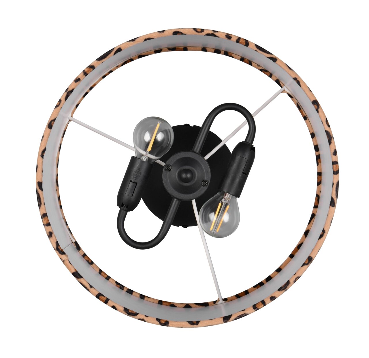 Deckenleuchte mit zwei Glühbirnen und einem runden Rahmen mit Leopardenmuster, Ansicht von unten.