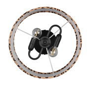 Deckenleuchte mit zwei Glühbirnen und einem runden Rahmen mit Leopardenmuster, Ansicht von unten.