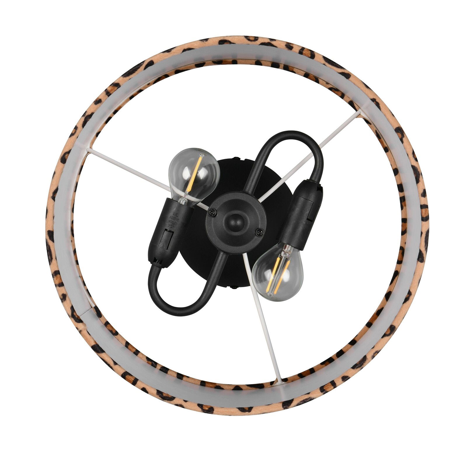 Deckenleuchte mit zwei Glühbirnen und einem runden Rahmen mit Leopardenmuster, Ansicht von unten.