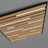 Moderne Wand- und Deckenleuchte Q-AKUS mit Holzlamellen und integrierter Beleuchtung, Perspektive von unten.