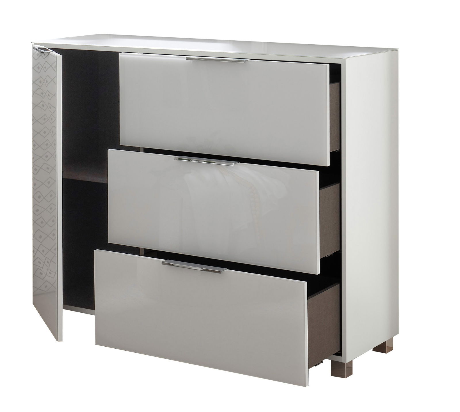 Weiße Kommode mit drei offenen Schubladen und einer geöffneten Tür, seitliche Perspektive