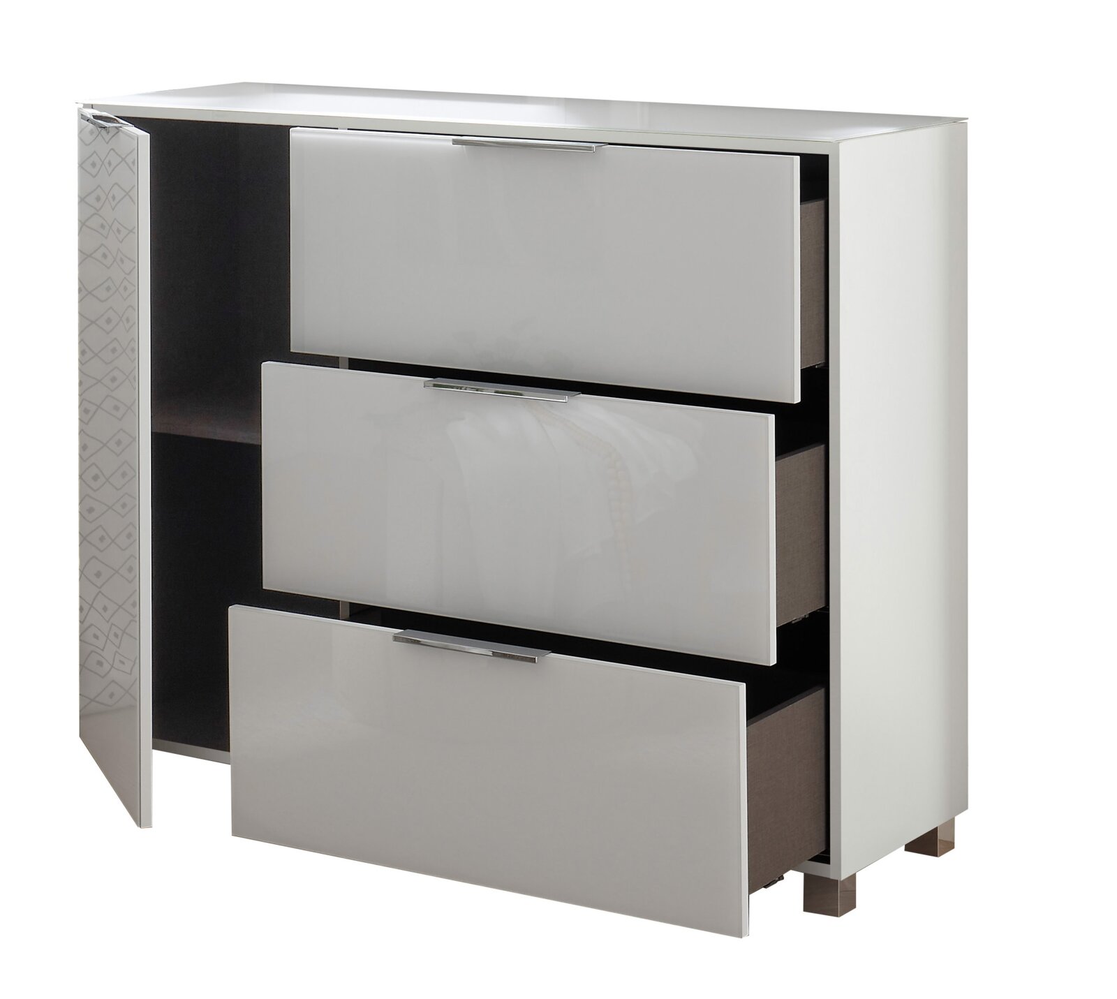 Weiße Kommode mit drei offenen Schubladen und einer geöffneten Tür, seitliche Perspektive