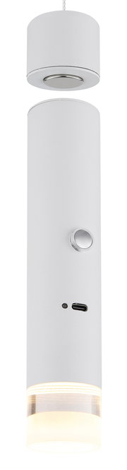Moderne weiße Hängeleuchte in zylindrischer Form, seitliche Ansicht, mit USB-Anschluss und Schalter.