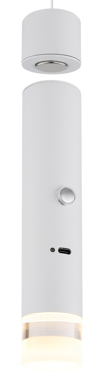 Moderne weiße Hängeleuchte in zylindrischer Form, seitliche Ansicht, mit USB-Anschluss und Schalter.