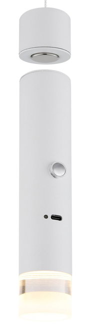 Moderne weiße Hängeleuchte in zylindrischer Form, seitliche Ansicht, mit USB-Anschluss und Schalter.