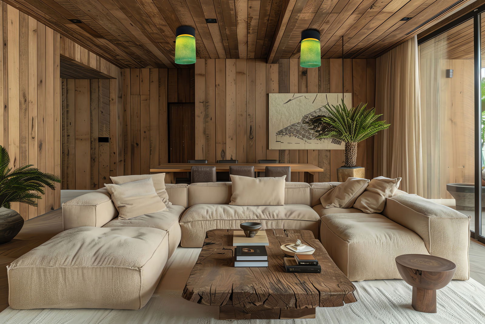 Gemütliches Wohnzimmer mit beiger Couch, rustikalem Holztisch und grünen Hängelampen, Perspektive von vorne.