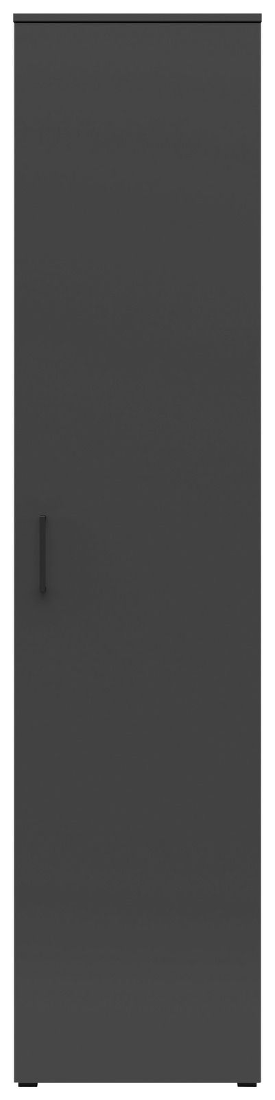 Frontansicht eines schwarzen Mehrzweckschranks mit einfacher Tür und Griff.