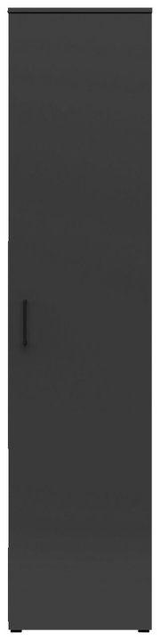 Frontansicht eines schwarzen Mehrzweckschranks mit einfacher Tür und Griff.