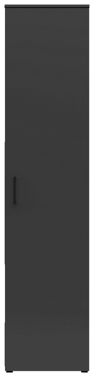 Frontansicht eines schwarzen Mehrzweckschranks mit einfacher Tür und Griff.