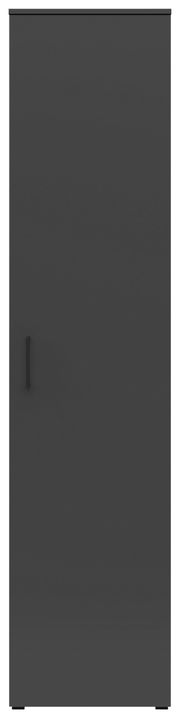 Frontansicht eines schwarzen Mehrzweckschranks mit einfacher Tür und Griff.