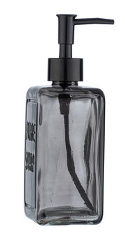 Grauer Seifenspender Pure Soap aus Glas mit schwarzem Pumpkopf, seitliche Perspektive