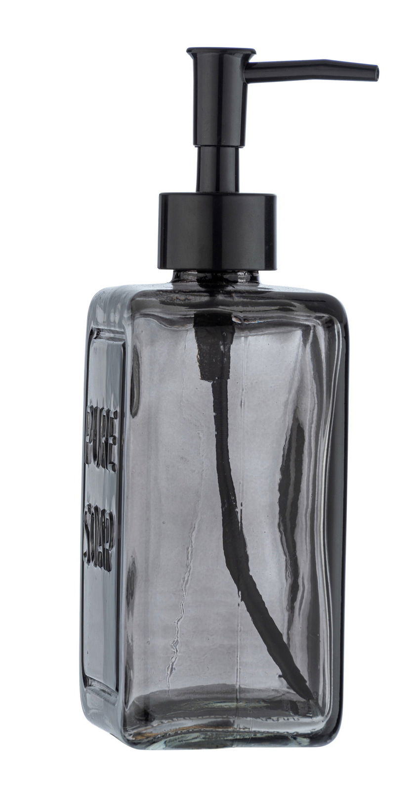 Grauer Seifenspender Pure Soap aus Glas mit schwarzem Pumpkopf, seitliche Perspektive