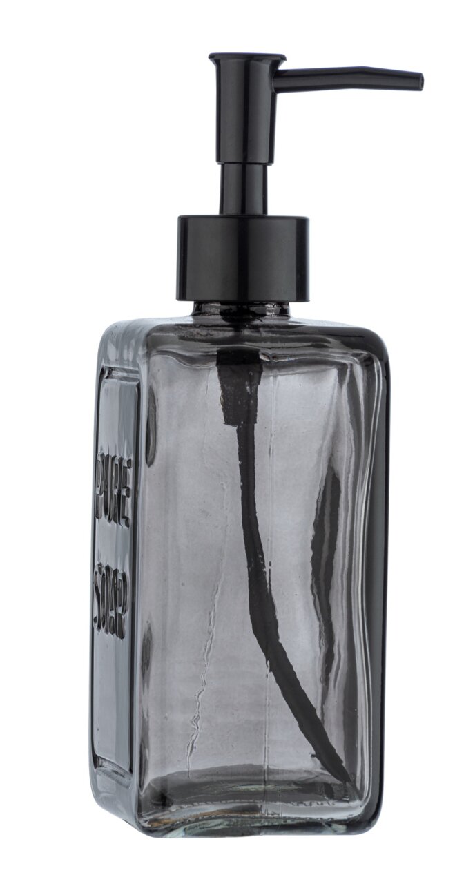Grauer Seifenspender Pure Soap aus Glas mit schwarzem Pumpkopf, seitliche Perspektive
