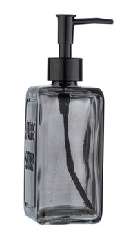 Grauer Seifenspender Pure Soap aus Glas mit schwarzem Pumpkopf, seitliche Perspektive