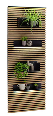 Lamellen-Paneel mit integrierten Regalen, dekoriert mit Pflanzen und Keramik, seitliche Perspektive