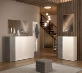 Moderner Schuhschrank in einem stilvollen Raum, seitliche Perspektive