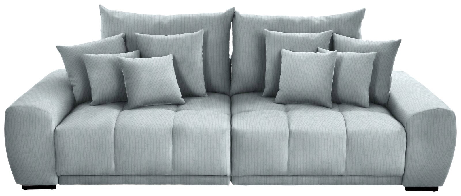 Großes, modernes Big-Sofa in hellgrauer Farbe mit mehreren Kissen, frontal betrachtet.