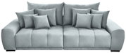 Großes, modernes Big-Sofa in hellgrauer Farbe mit mehreren Kissen, frontal betrachtet.