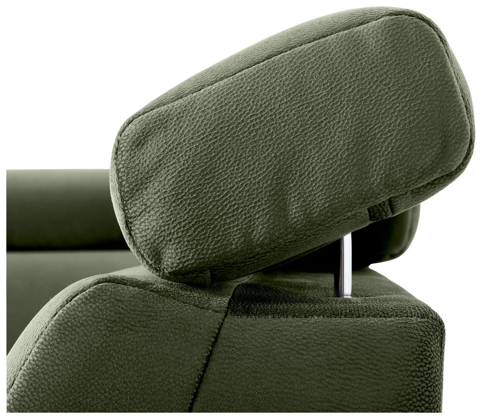Nahaufnahme einer grünen Kopfstütze eines Sofas aus Stoff, seitliche Perspektive