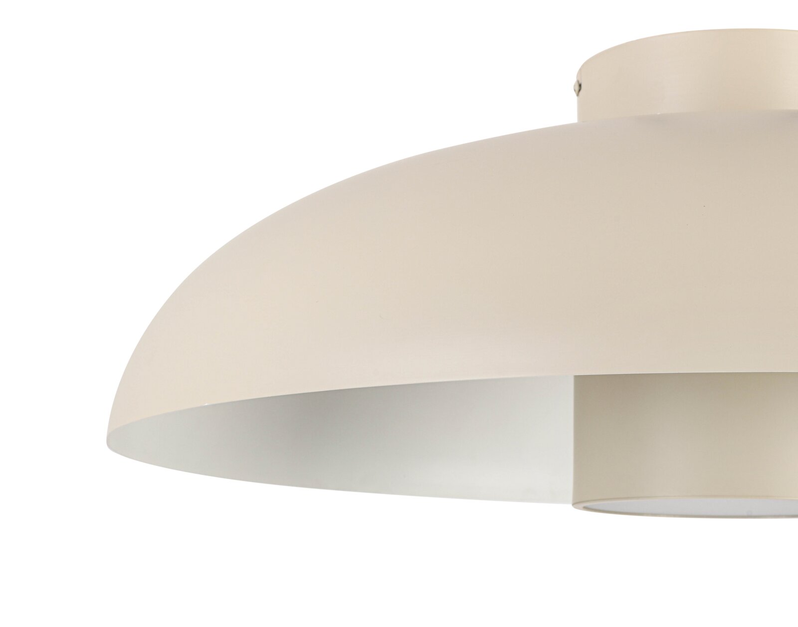Nahaufnahme einer cremefarbenen LED-Deckenleuchte mit modernem, abgerundetem Design.