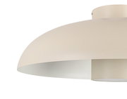 Nahaufnahme einer cremefarbenen LED-Deckenleuchte mit modernem, abgerundetem Design.