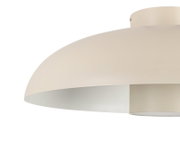 Nahaufnahme einer cremefarbenen LED-Deckenleuchte mit modernem, abgerundetem Design.