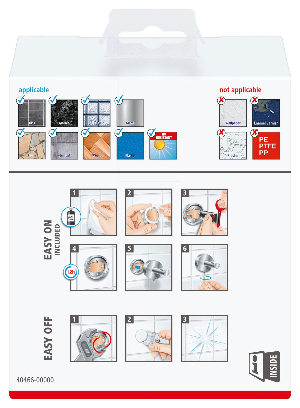 Verpackung der tesa Exxcellent Toilettenrollenhalterung, geeignet für verschiedene Oberflächen wie Fliesen, Marmor, Glas, Metall, Stein, Zement, Holz und Kunststoff. Nicht geeignet für Tapeten, Lack und Putz. Perspektive: Rückseite der Verpackung mit Anwe